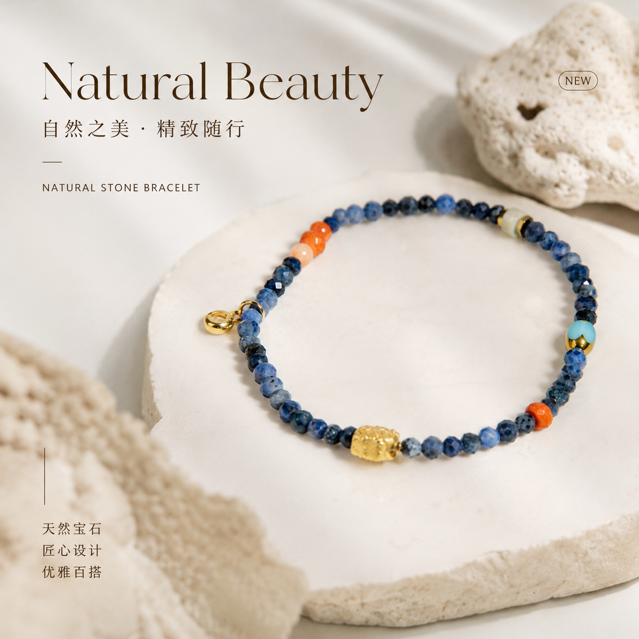 Natural Blue Gemstone Bracelet with Gold Charm &amp; Coral Accents | Handcrafted Jewelry