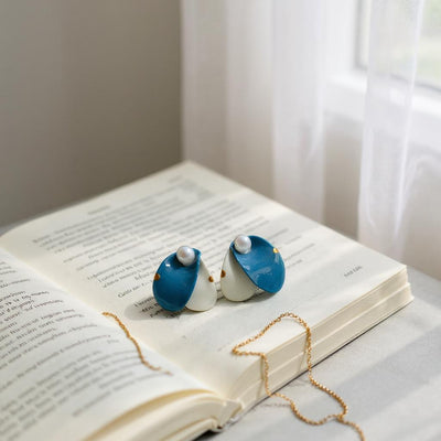 Blue & White Ceramic Earrings with Pearl Detail