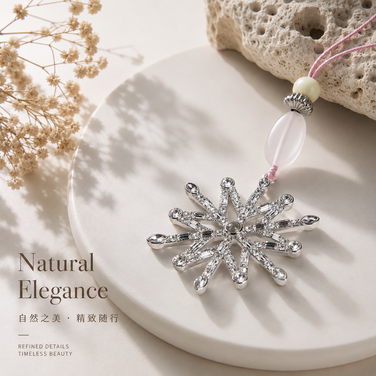 Silver Crystal Snowflake Pendant | Corded Gemstone Necklace with Rose Quartz