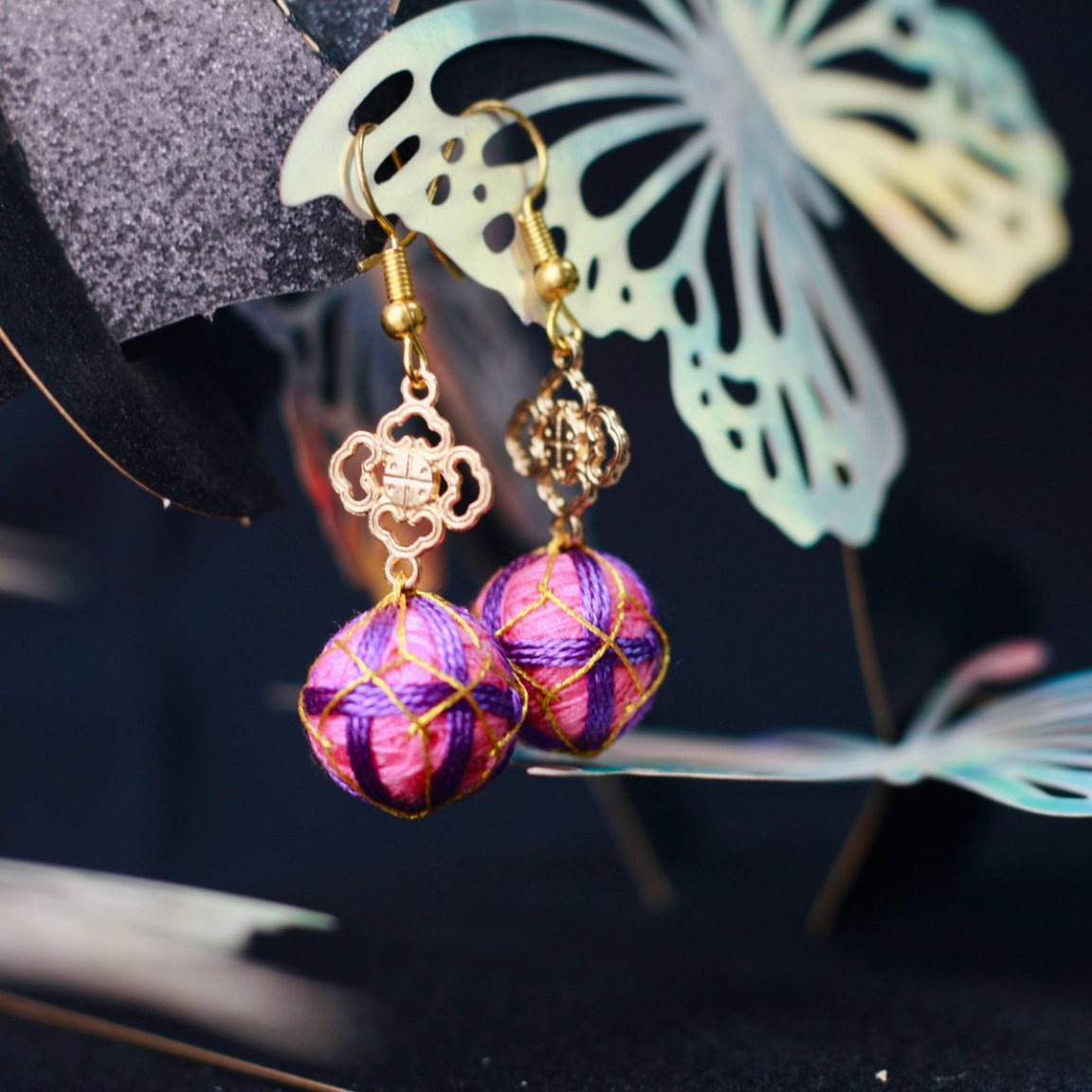 Purple & Pink Chinese Xiuqiu Earrings