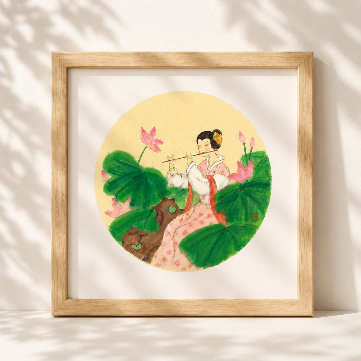 Lotus Melody & Elegant Charm | New Chinese-Style Gongbi Lady Painting for Living Room Décor | Original Artwork from the Shanghai Disabled Persons Chinese Painting Academy