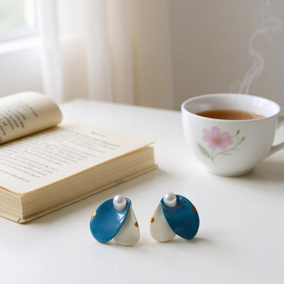 Blue & White Ceramic Earrings with Pearl Detail