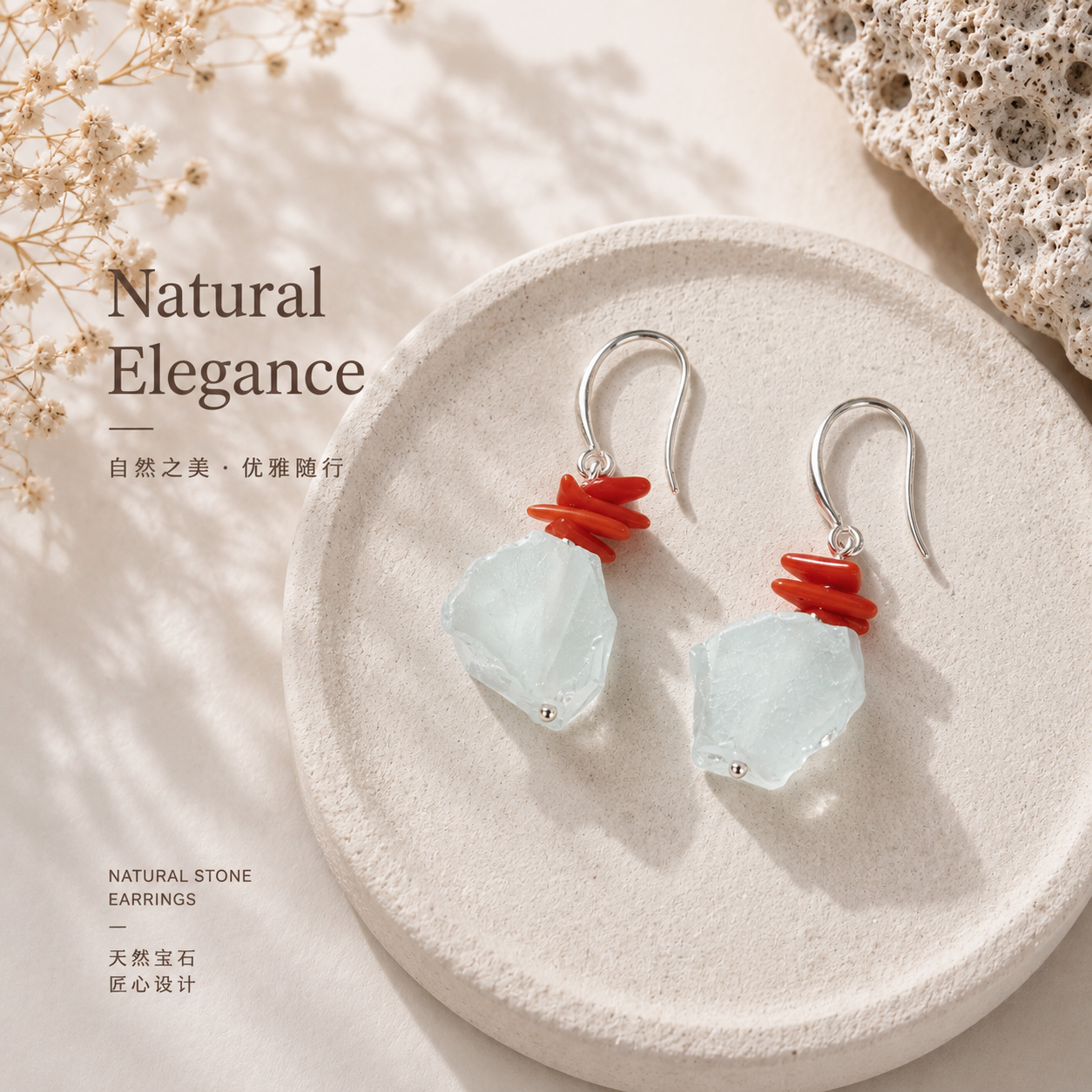 Raw Aquamarine &amp; Red Coral Drop Earrings | Handcrafted Natural Gemstone Jewelry