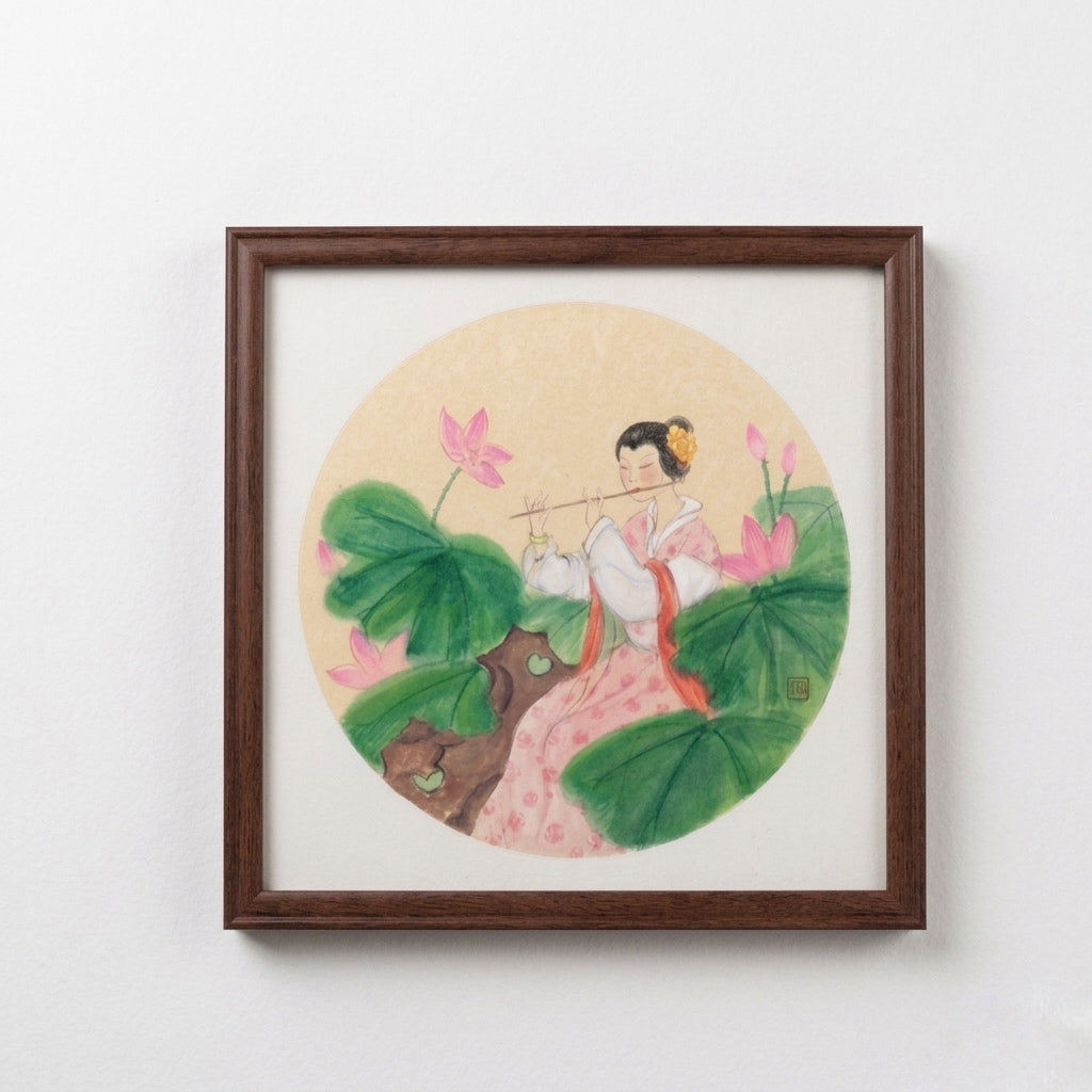 Lotus Melody & Elegant Charm | New Chinese-Style Gongbi Lady Painting for Living Room Décor | Original Artwork from the Shanghai Disabled Persons Chinese Painting Academy