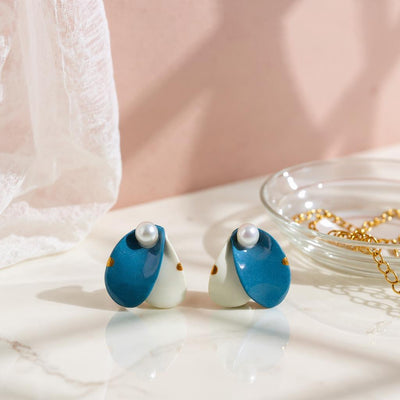 Blue & White Ceramic Earrings with Pearl Detail